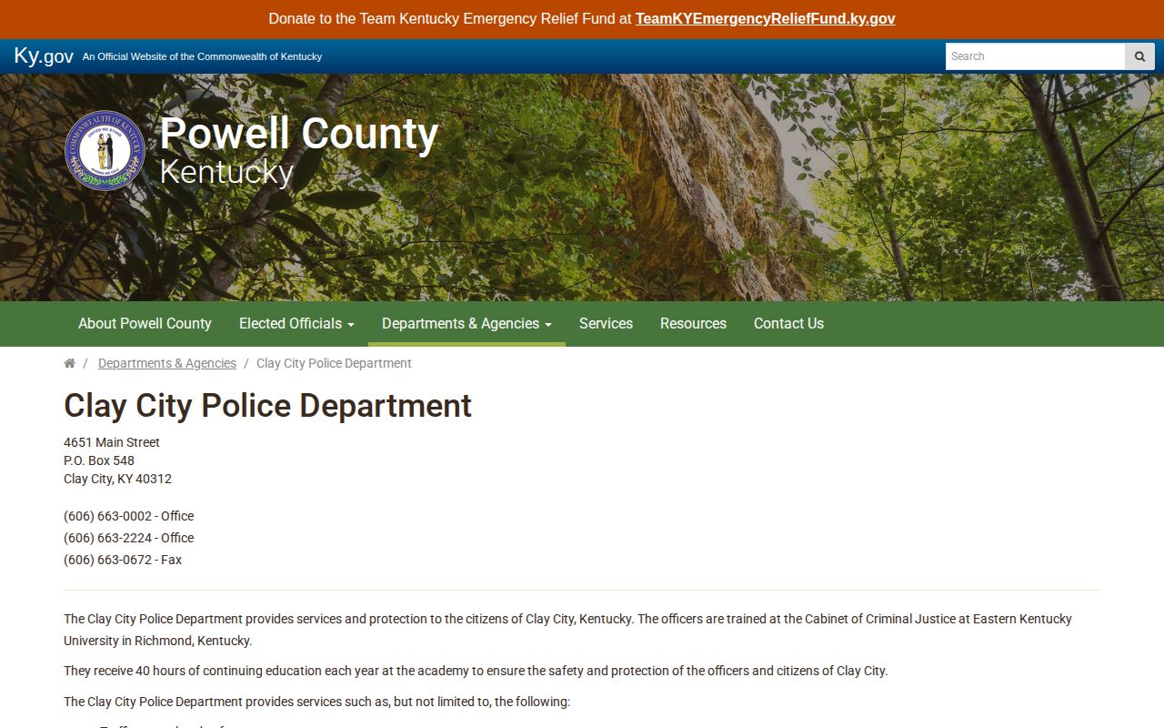 Clay City Police Department arrest record contact page in Powell County