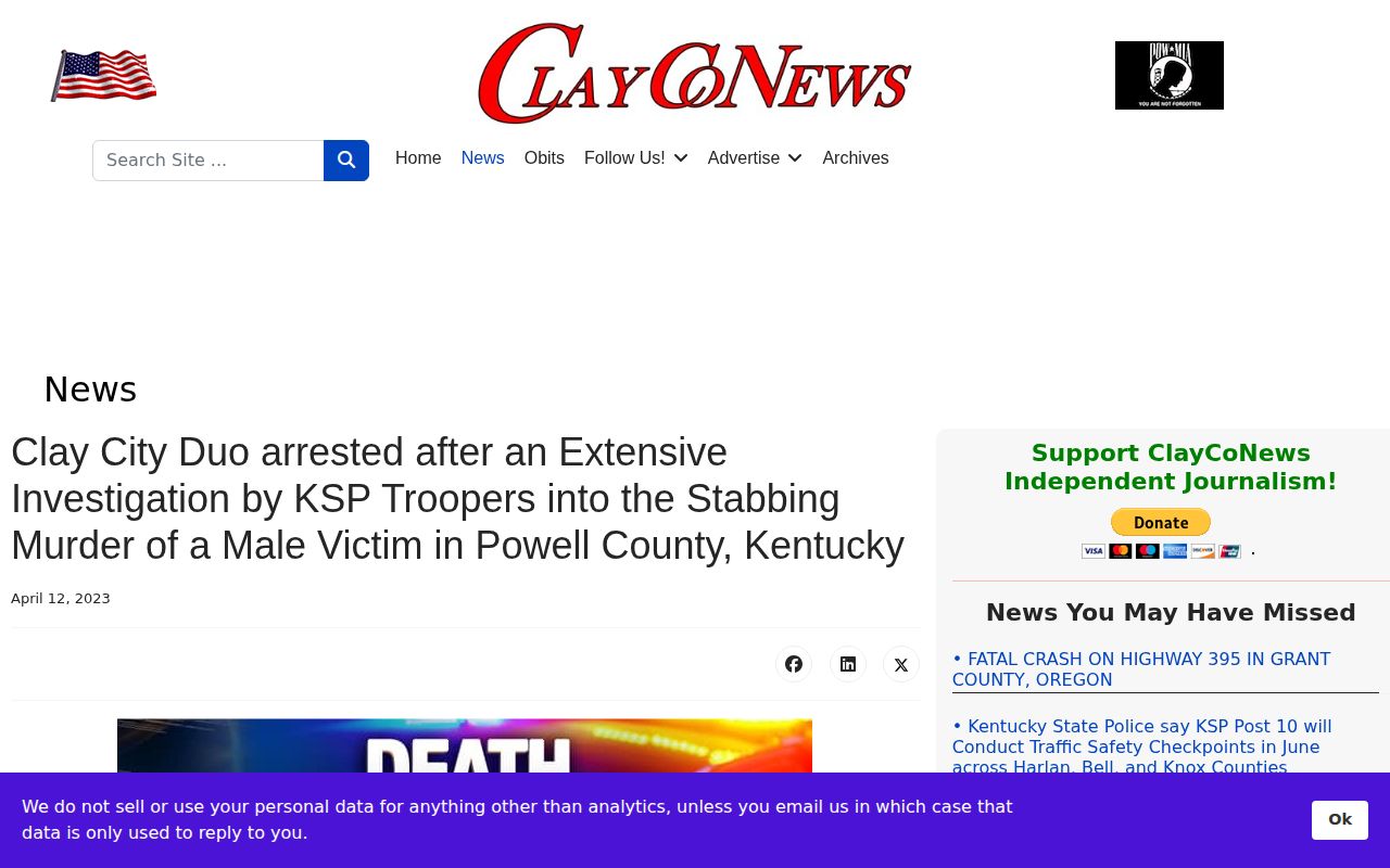 ClayCoNews Powell County arrest story with PCDC booking photo source credit